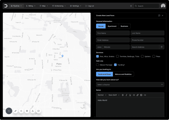 Screenshot of the new lead form, with a map feature next to it