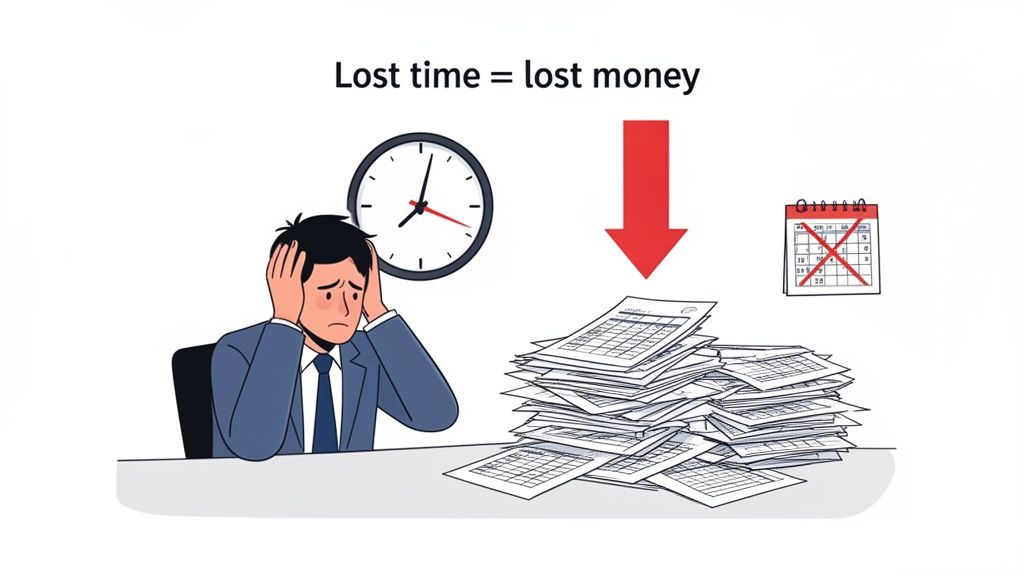 Illustration of a stressed man, clock, pile of papers, and crossed-out calendar, symbolizing lost time equals lost money.