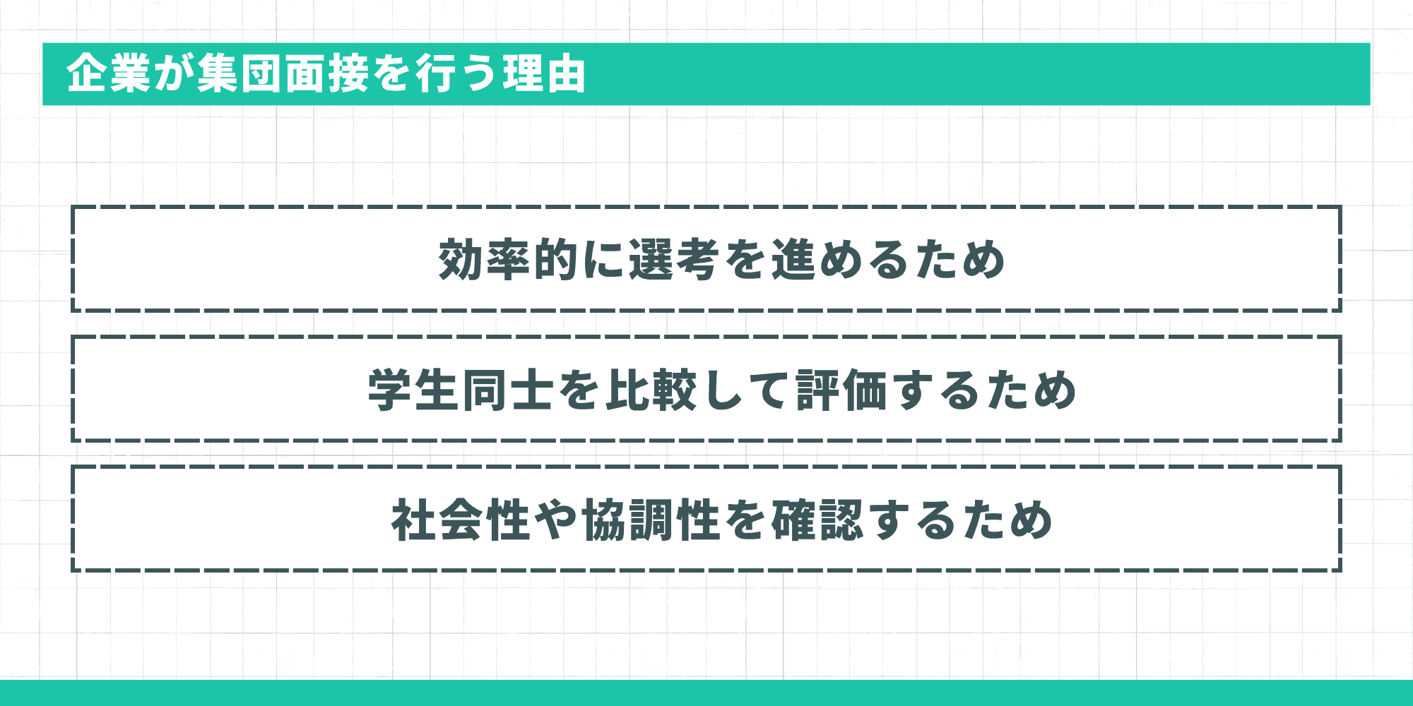 集団面接を行う3つの理由：効率的な選考、学生同士の比較、社会性や協調性の確認
