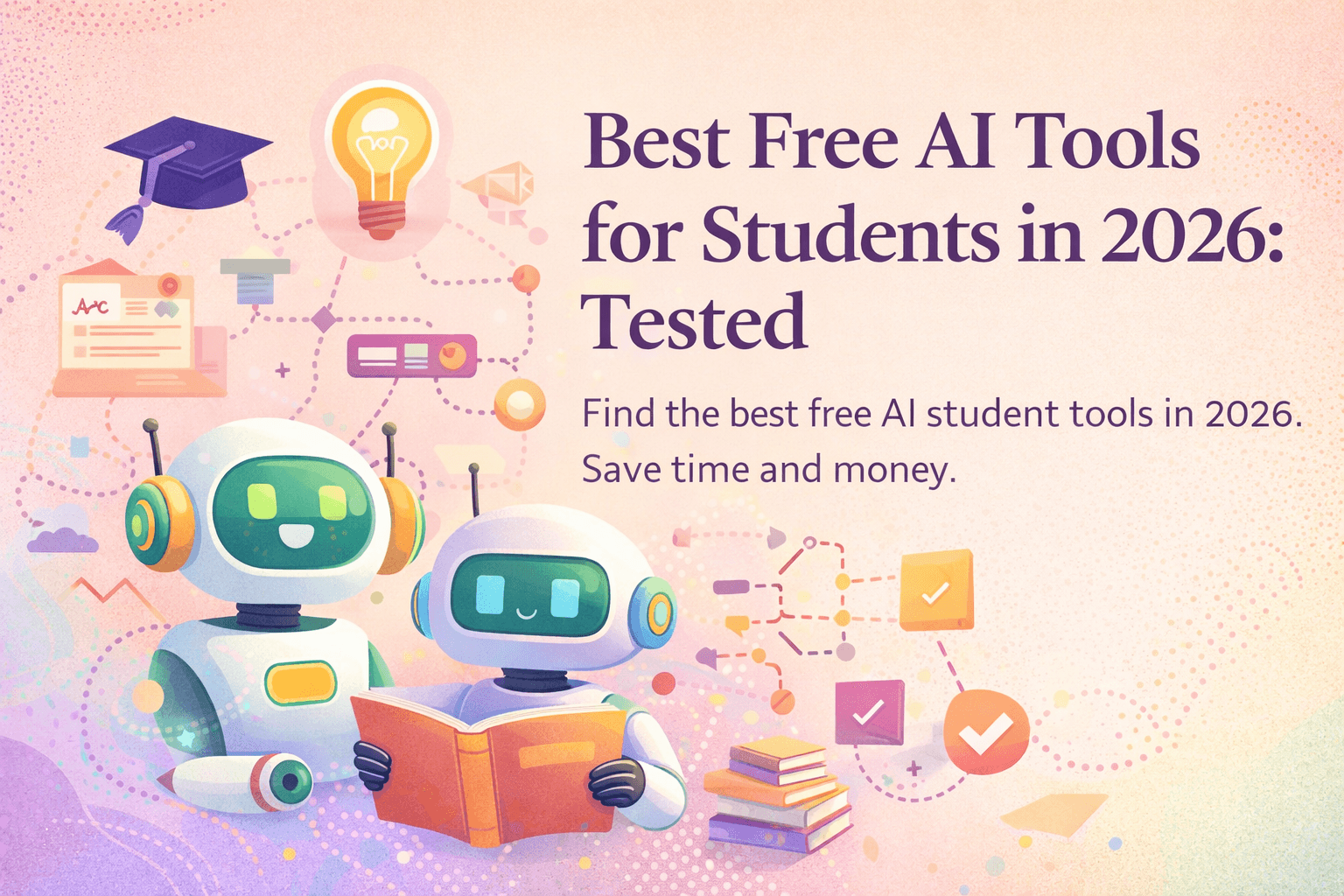 illustration of Colorful robots reading with study icons showing free AI tools for students.