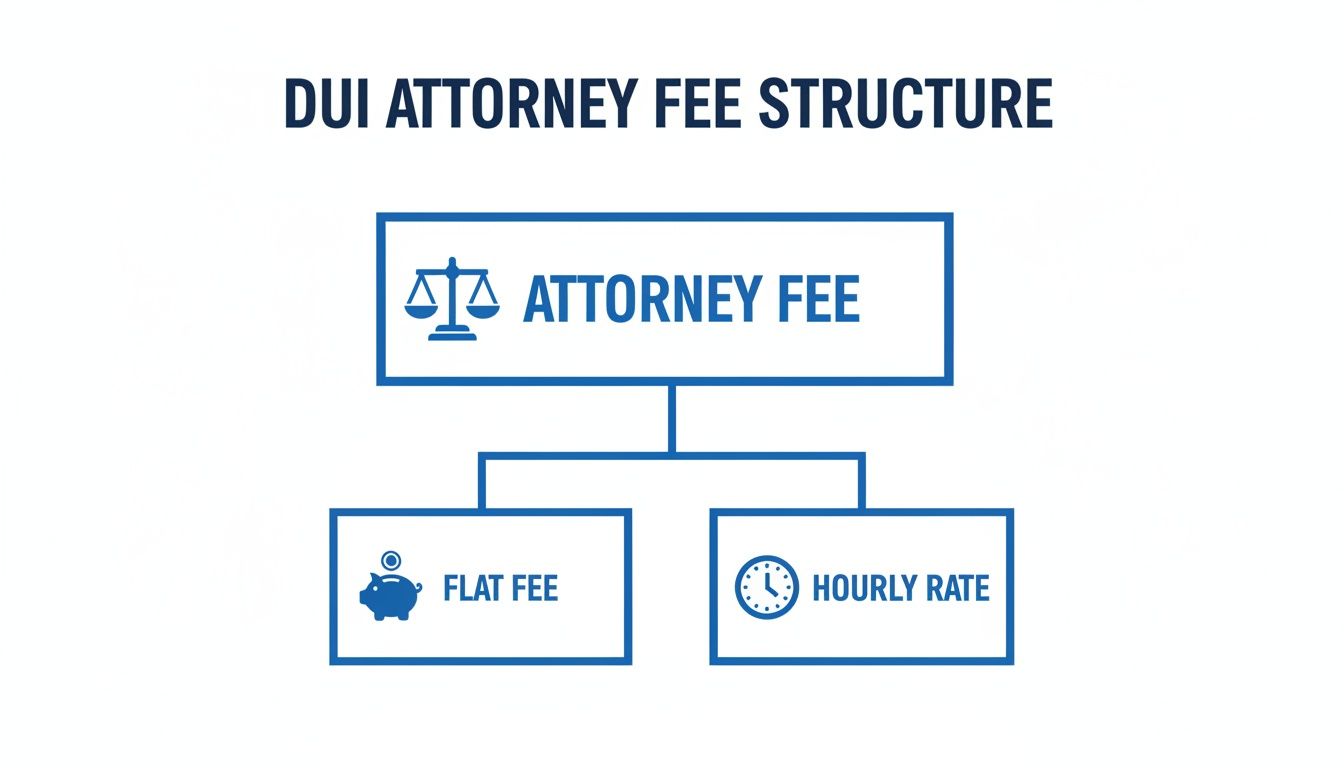 A diagram illustrating DUI attorney fee structure options: flat fee and hourly rate.