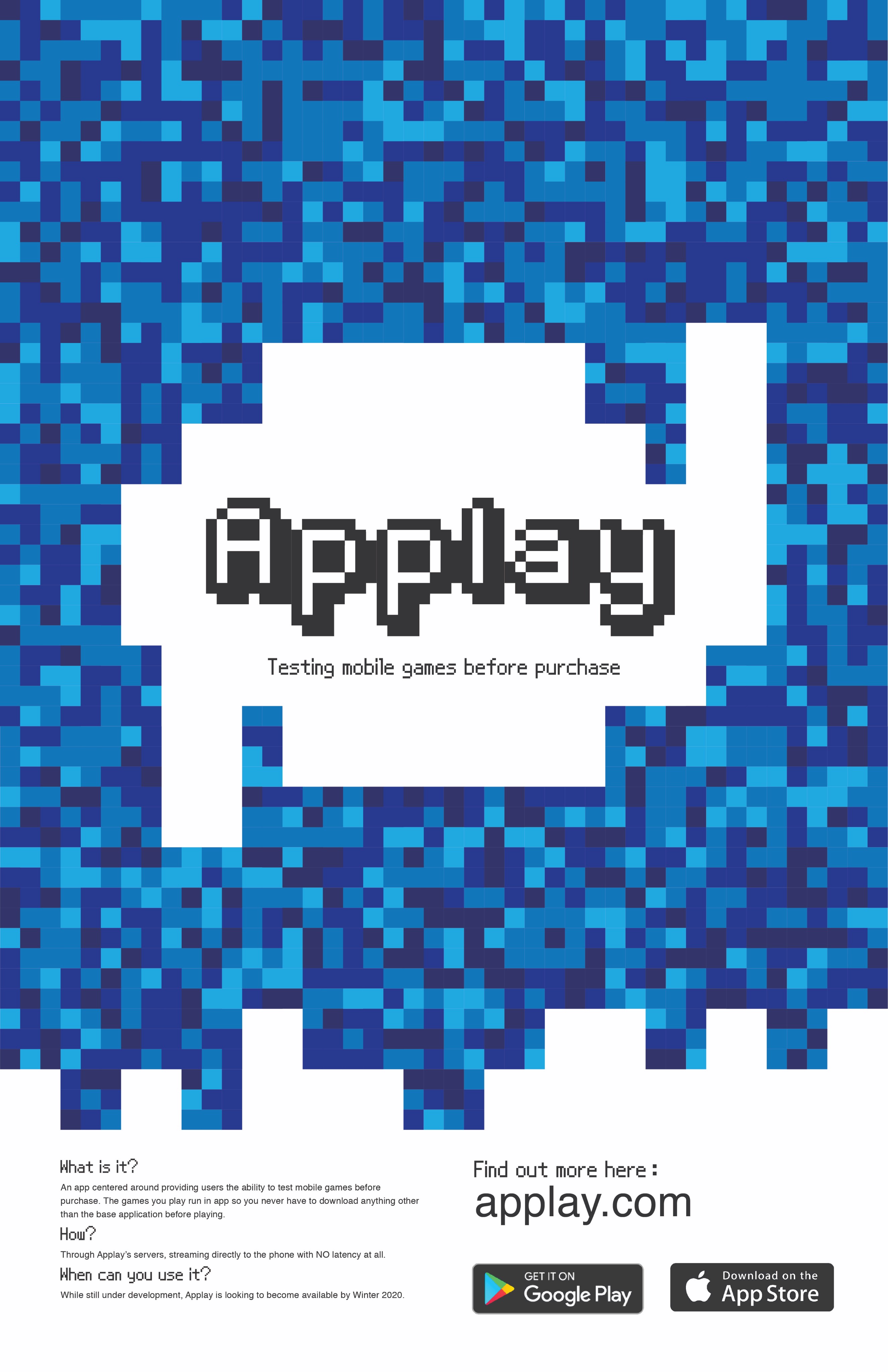 Poster for "Applay," a pixel-themed app for testing mobile games before purchase.