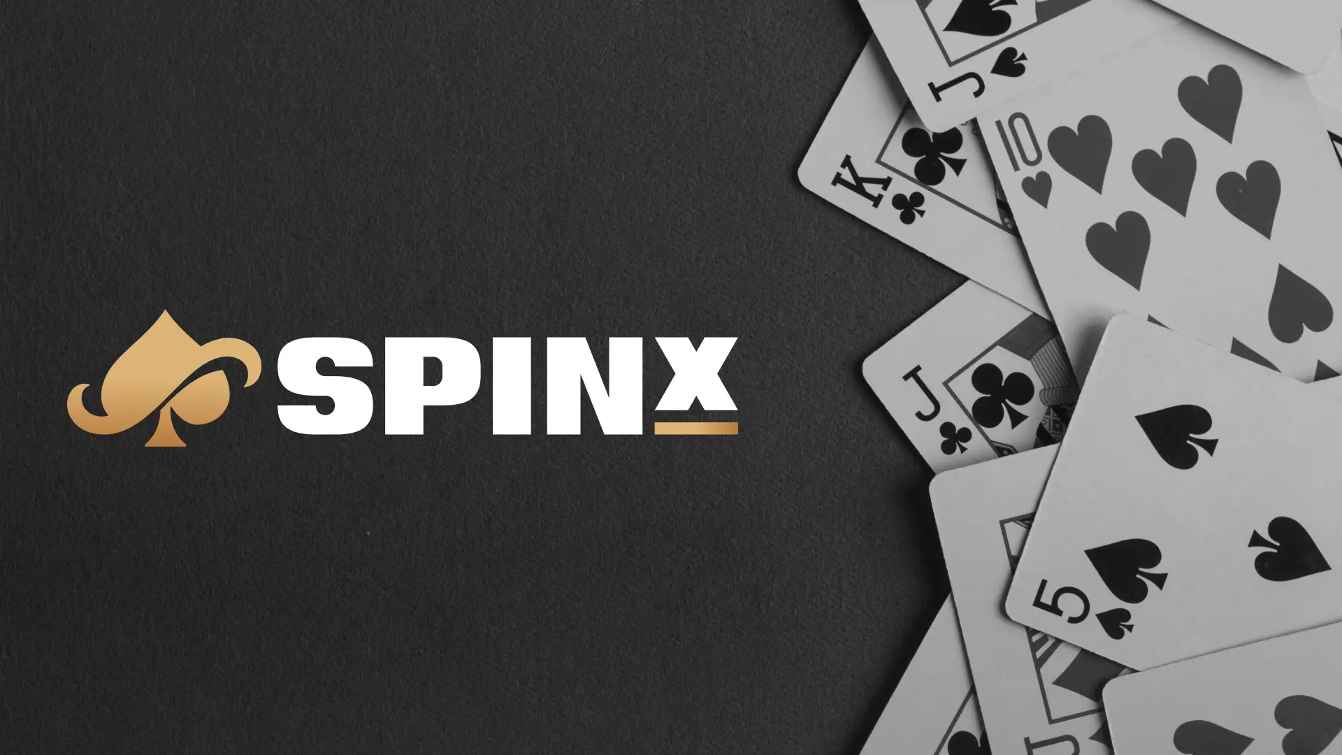 Logo of SpinX on a dark background, with abstract playing card shapes in grayscale on one side.