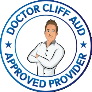 Logo featuring a cartoon figure with text "Doctor Cliff Aud Approved Provider" in a circular design.