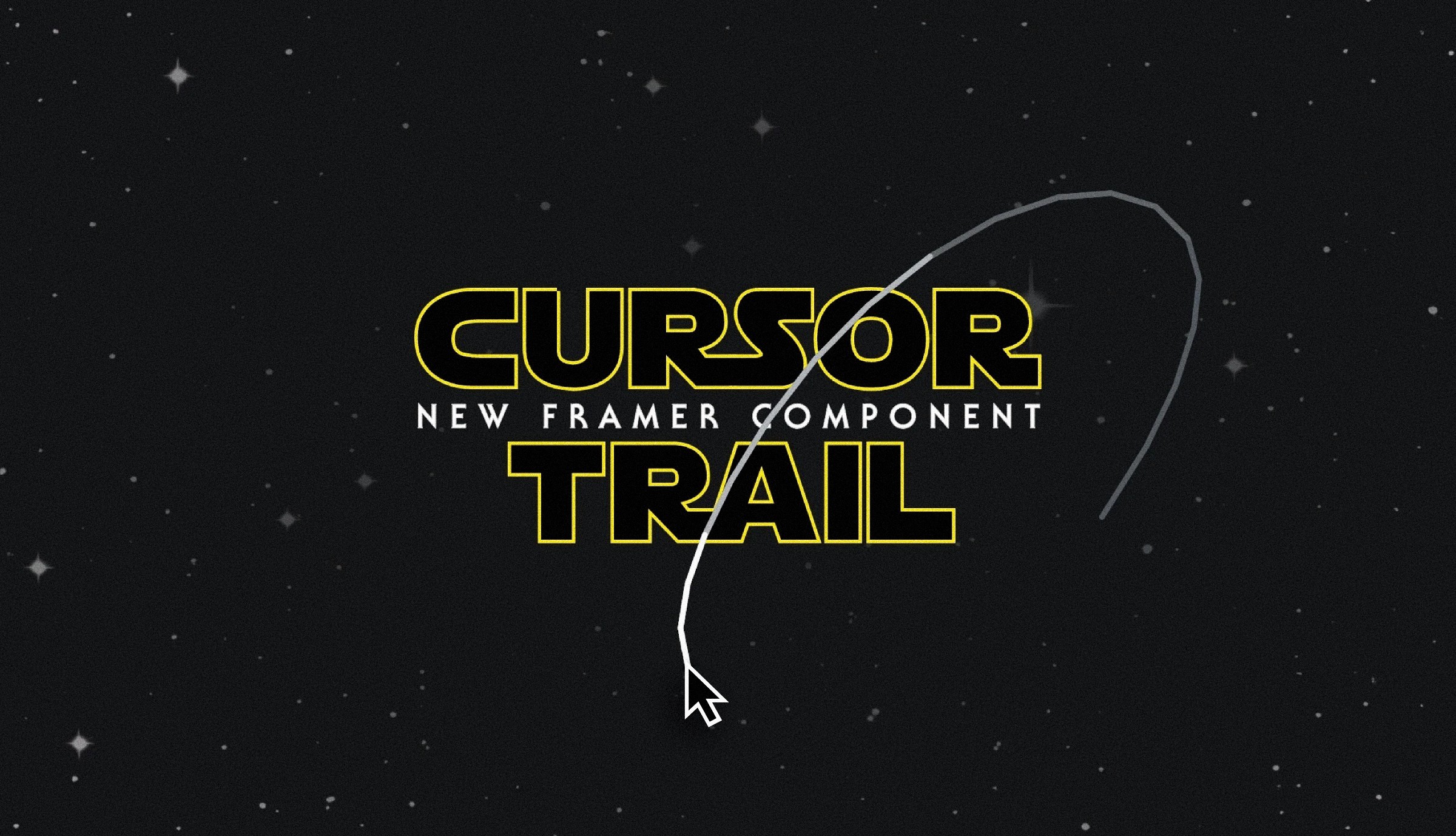 Graphic showcasing the 'Cursor Trail' component in Framer with a dynamic cursor leaving a trail effect on a starry space background