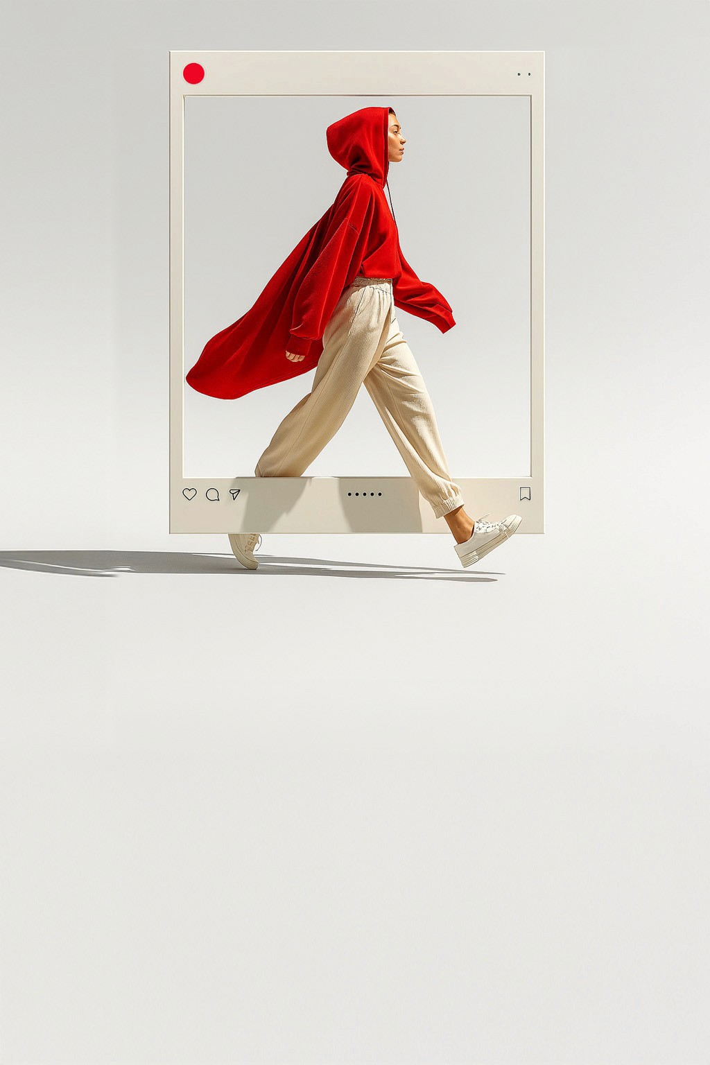 Minimalist conceptual image of a person in a red hoodie walking through a digital frame, symbolizing creativity, movement, and breaking boundaries — featured in Quickie Studio’s homepage Bento grid.