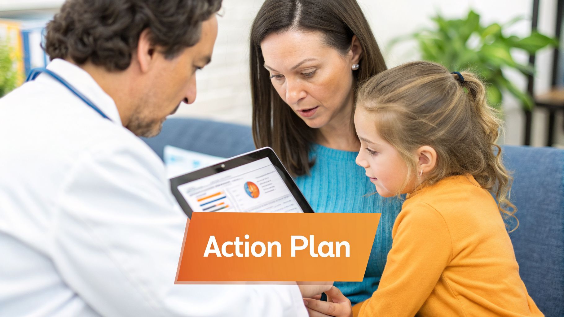 Doctor, mother, and child review a health action plan on a tablet with charts.