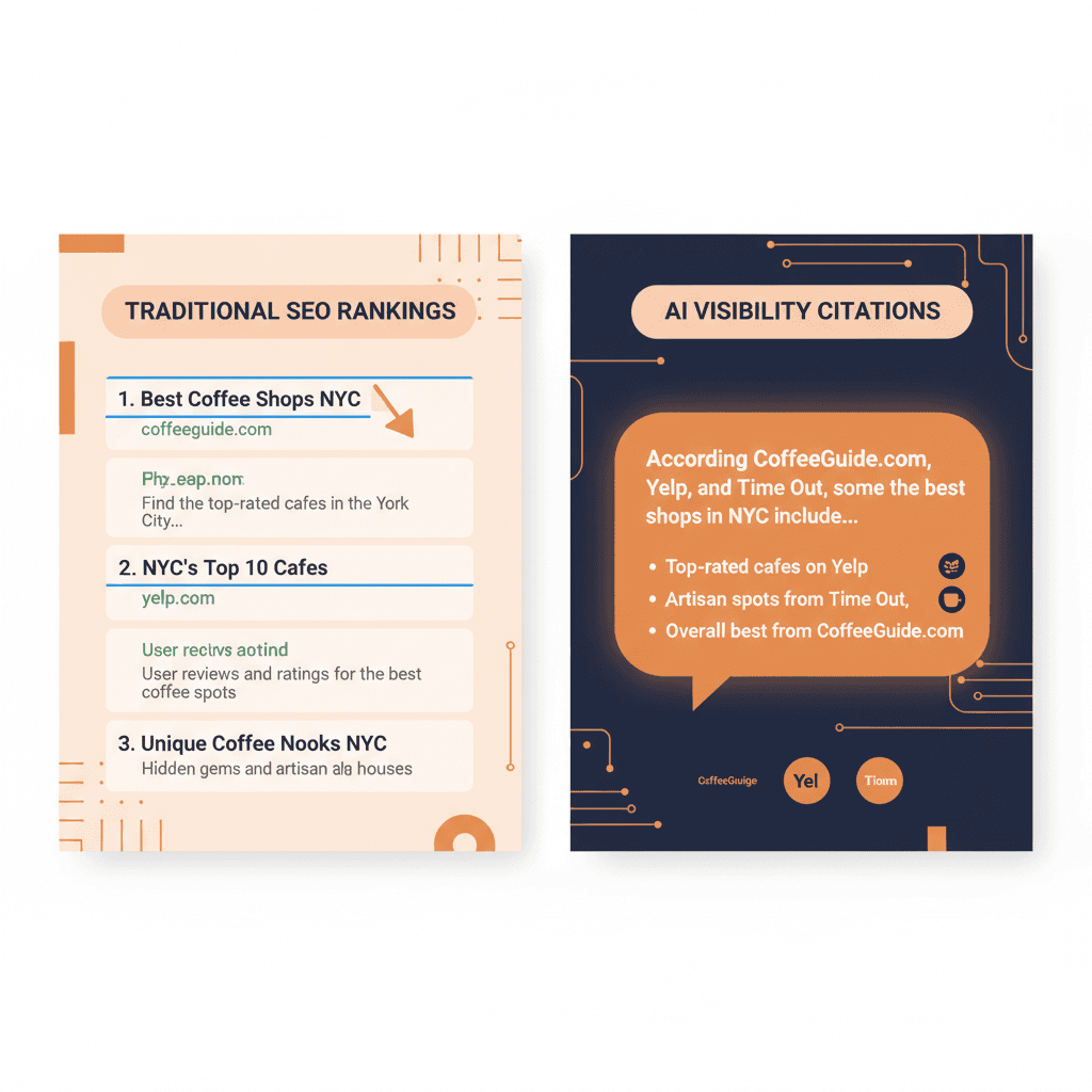 Visual comparison between traditional SEO rankings and AI visibility tracking