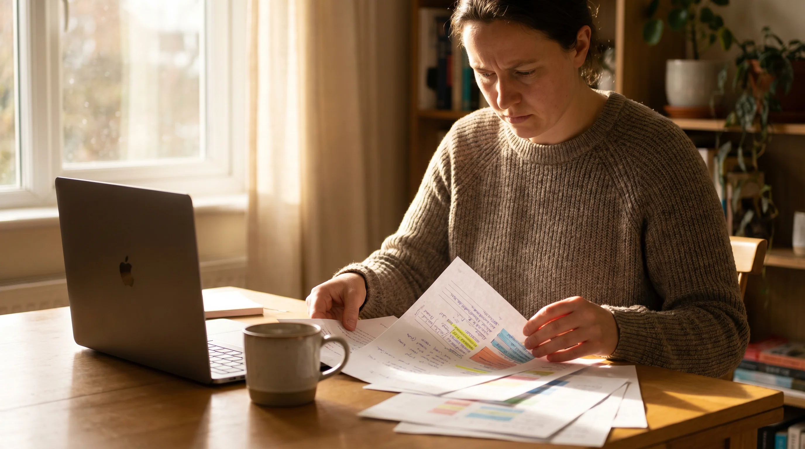 Professional at clean desk reviewing and organizing a content calendar spread across multiple printed pages, coffee mug nearby, focused methodical energy in bright home office