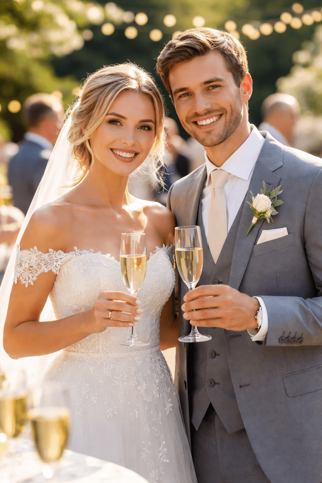 A joyful couple stands together.