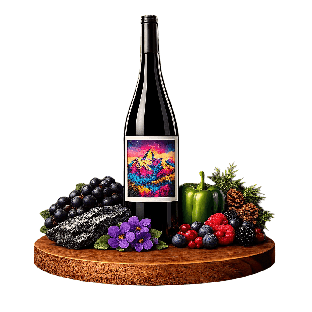 Artistic label and flavor profile for Yunnan Cabernet Sauvignon on a rustic wooden table.
