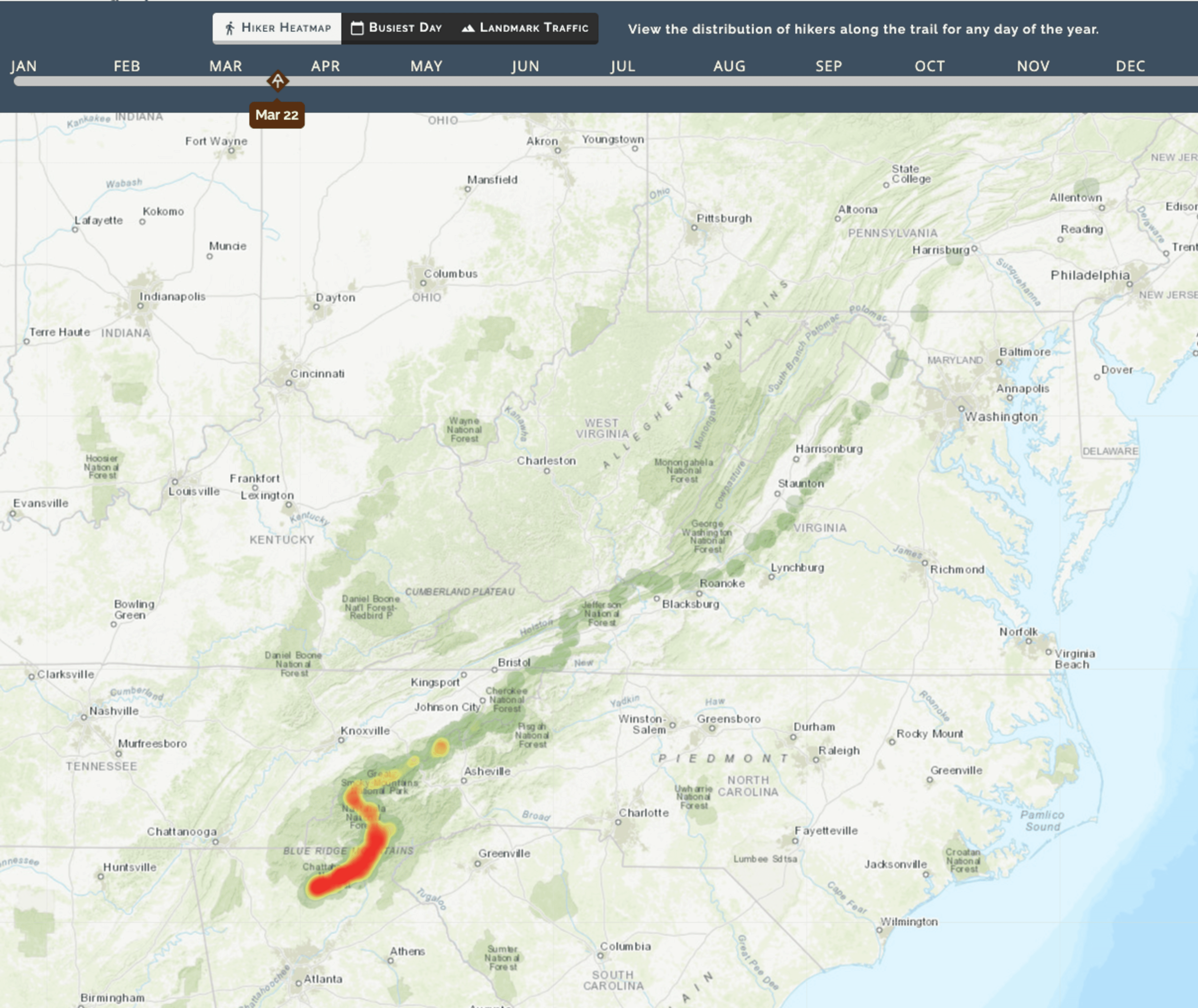 A heatmap showing the concentration of hikers in the bubble, with a red streak on the lower end of the trail, turning orange and yellow as it travels north.