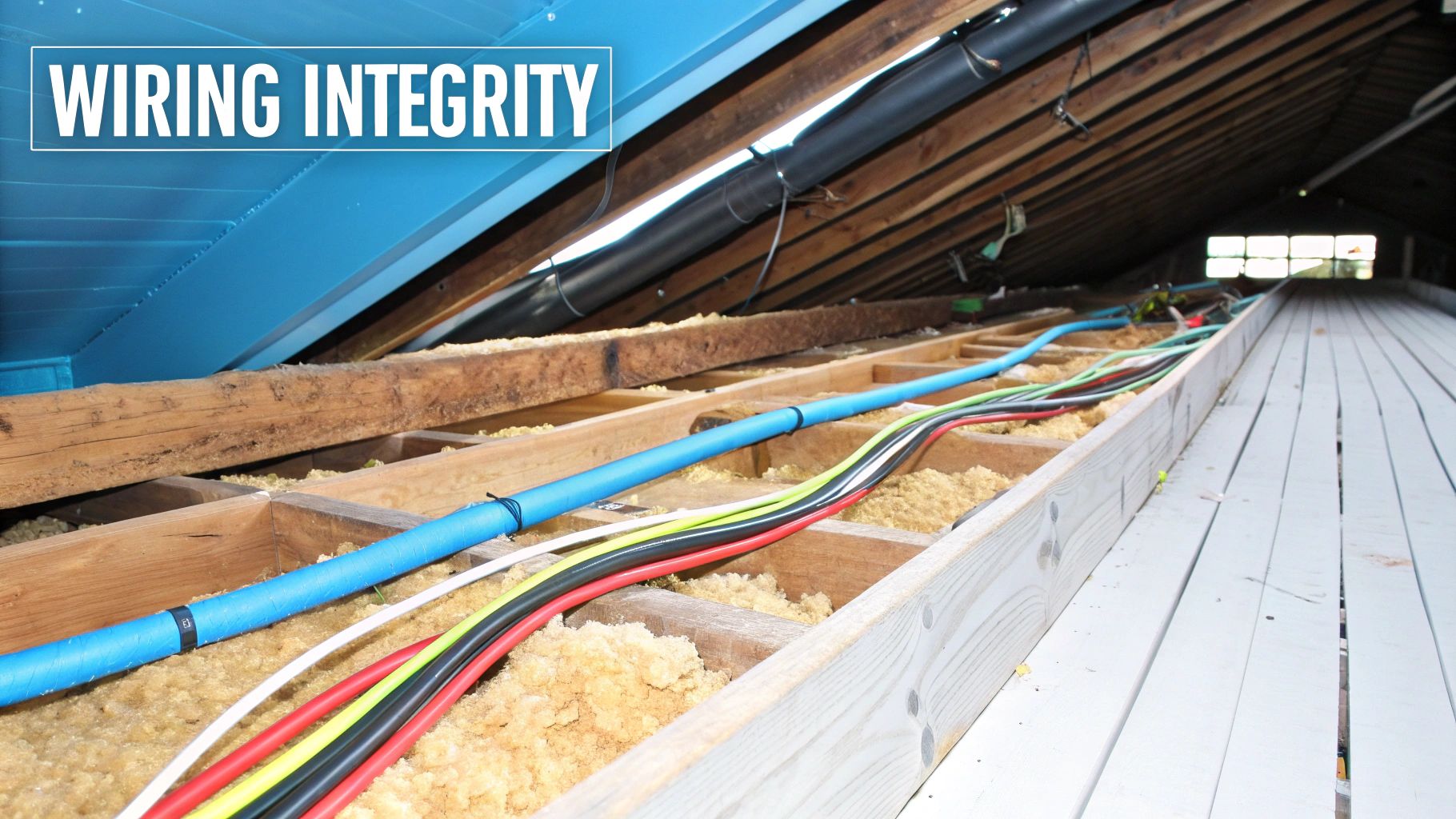 An attic space showing exposed wooden beams, insulation, a blue conduit, and various electrical wiring.