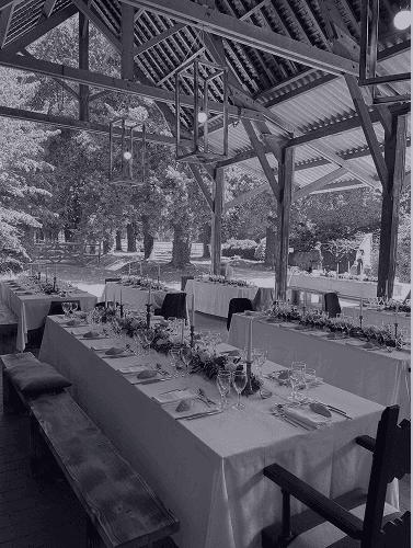 A beautifully set dining table with white tablecloth, cutlery, and fresh greenery in a cozy, well-lit space.