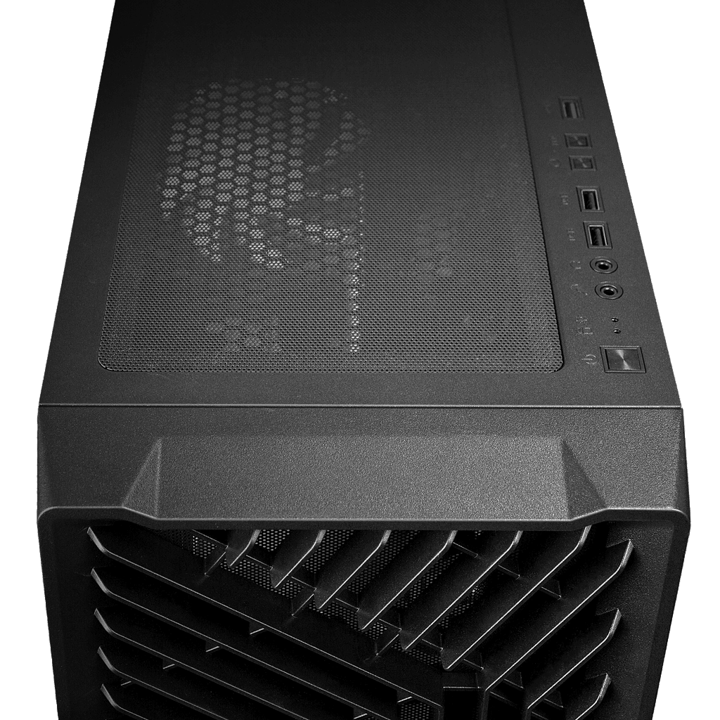 Top view of a black gaming PC case featuring a mesh panel for optimized airflow and a front panel with USB ports, audio jacks, and power button. Designed for gaming builds and high-performance setups, suitable for 2023 gaming configurations.