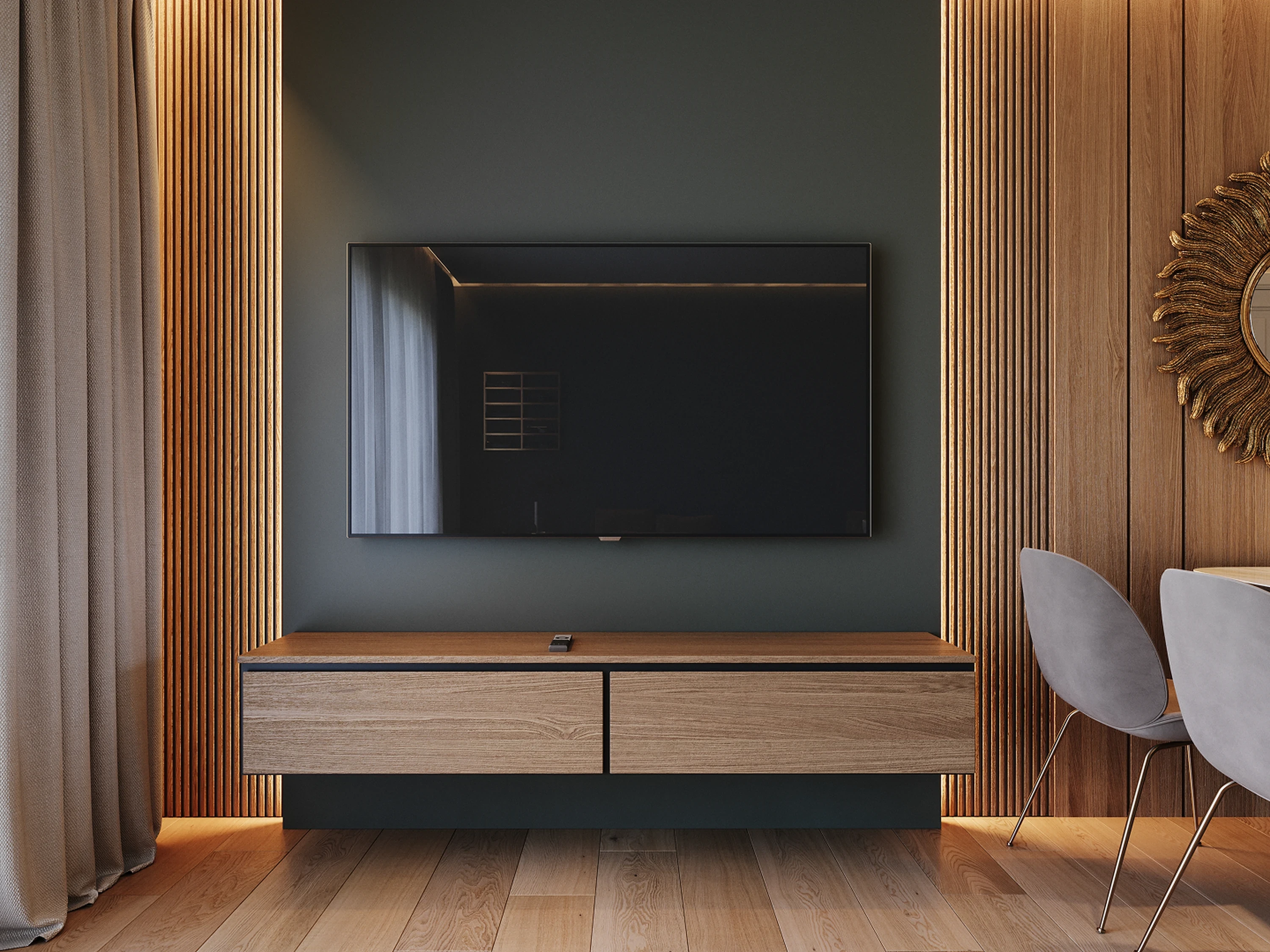 Détail — joint creux entre lambris et céramique.