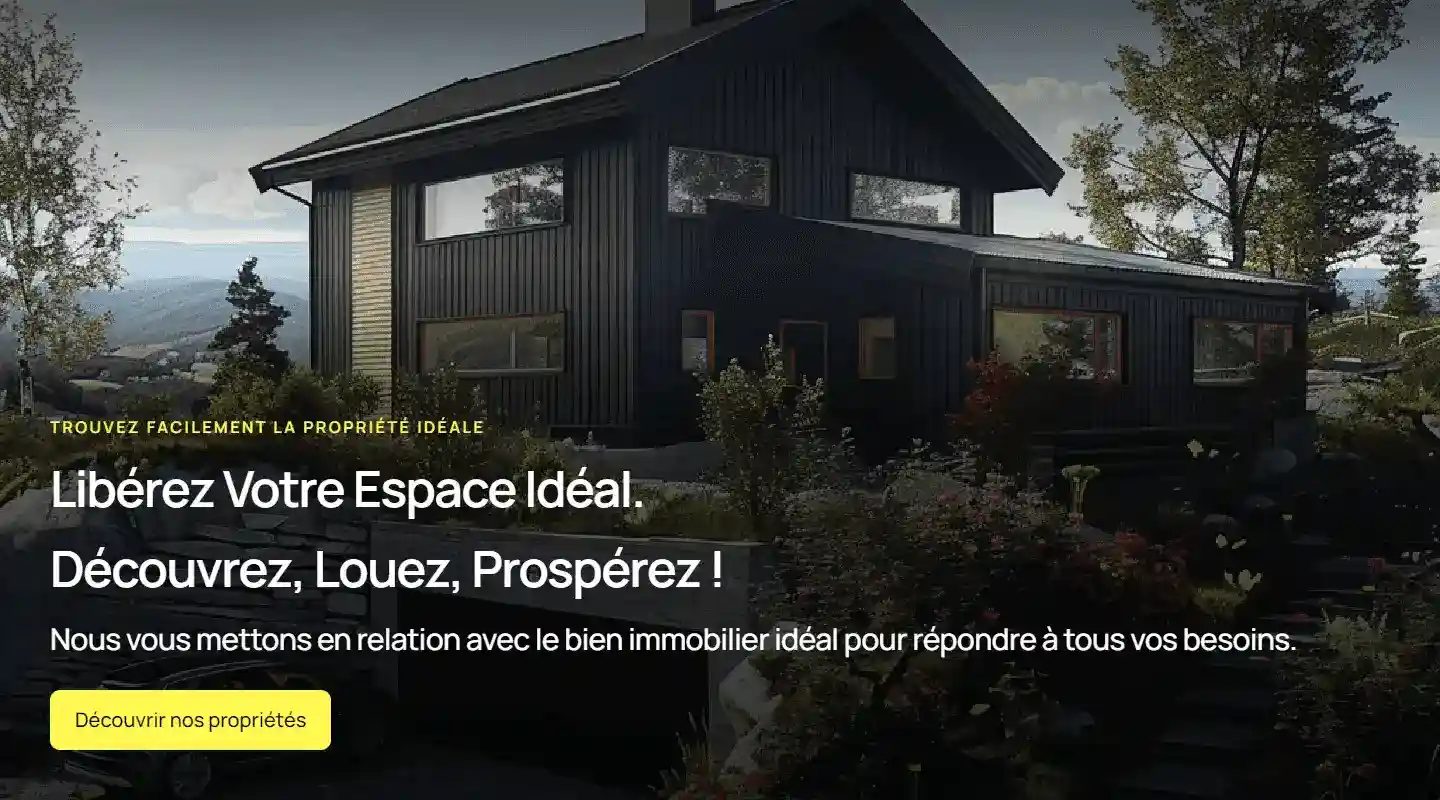Page d'accueil immobilière mettant en vedette une photo d'un chalet scandinave noir moderne en pleine nature.