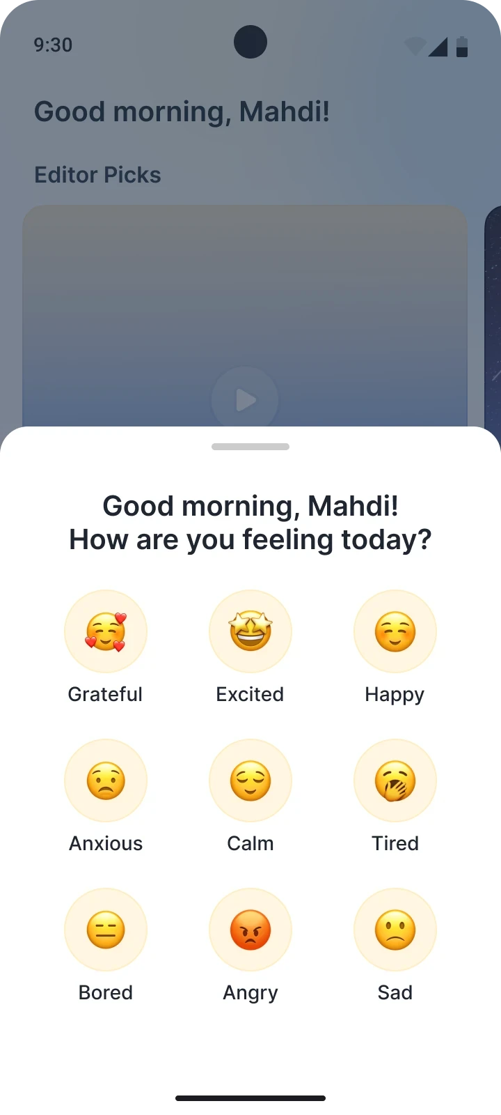Mood check-in sheet asking how you feel today, with nine moods to choose from