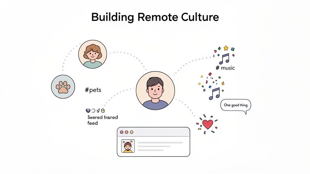 Illustration depicting people interacting online to build remote culture through shared interests like pets, music, and positive feedback.