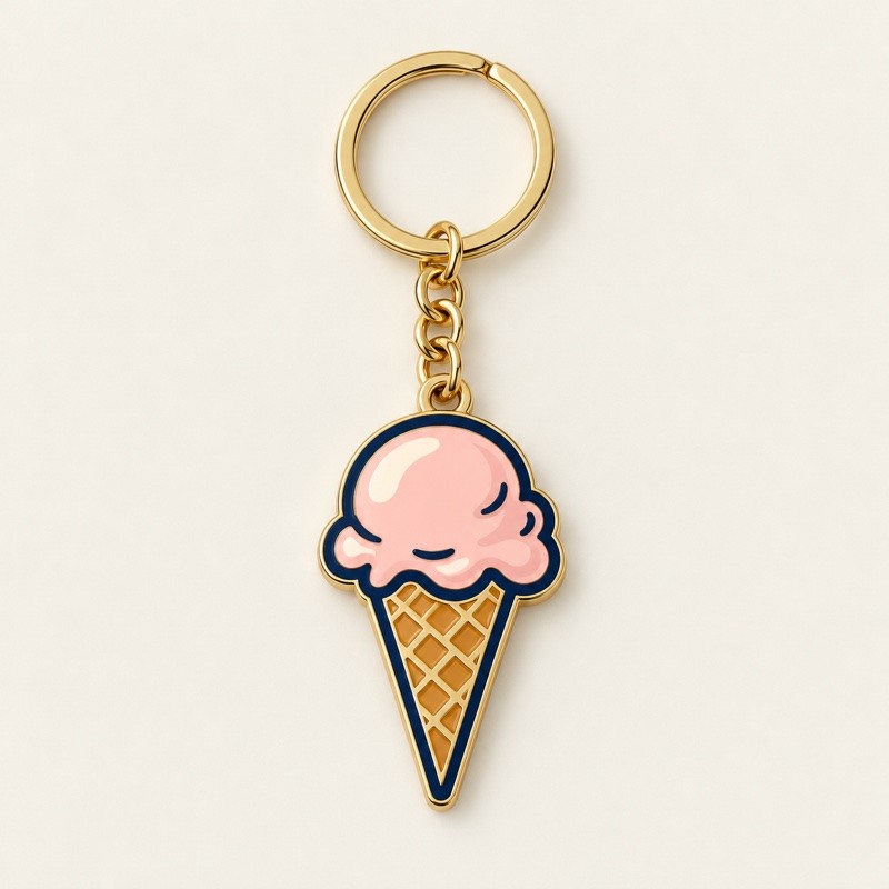 Pink ice cream cone keychain with a gold ring on a warm off-white background.