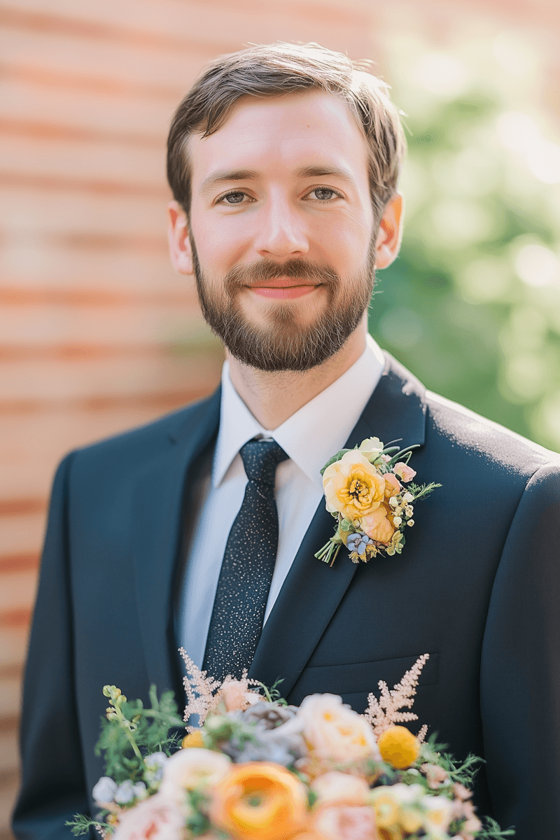 A groom, dressed in a classic black suit and polka dot tie, holds a vibrant bouquet featuring yellow roses and assorted flowers, set against a brick wall and lush greenery.