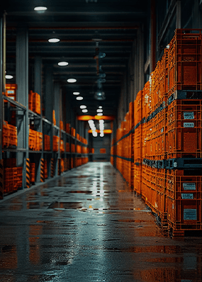 A dark warehouse with many orange crates in high storage racks.