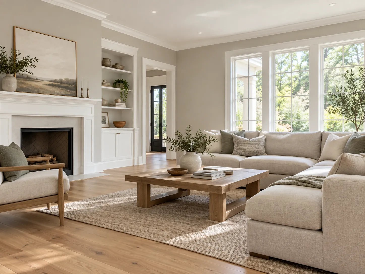 The same living room after painting, with fresh warm white walls