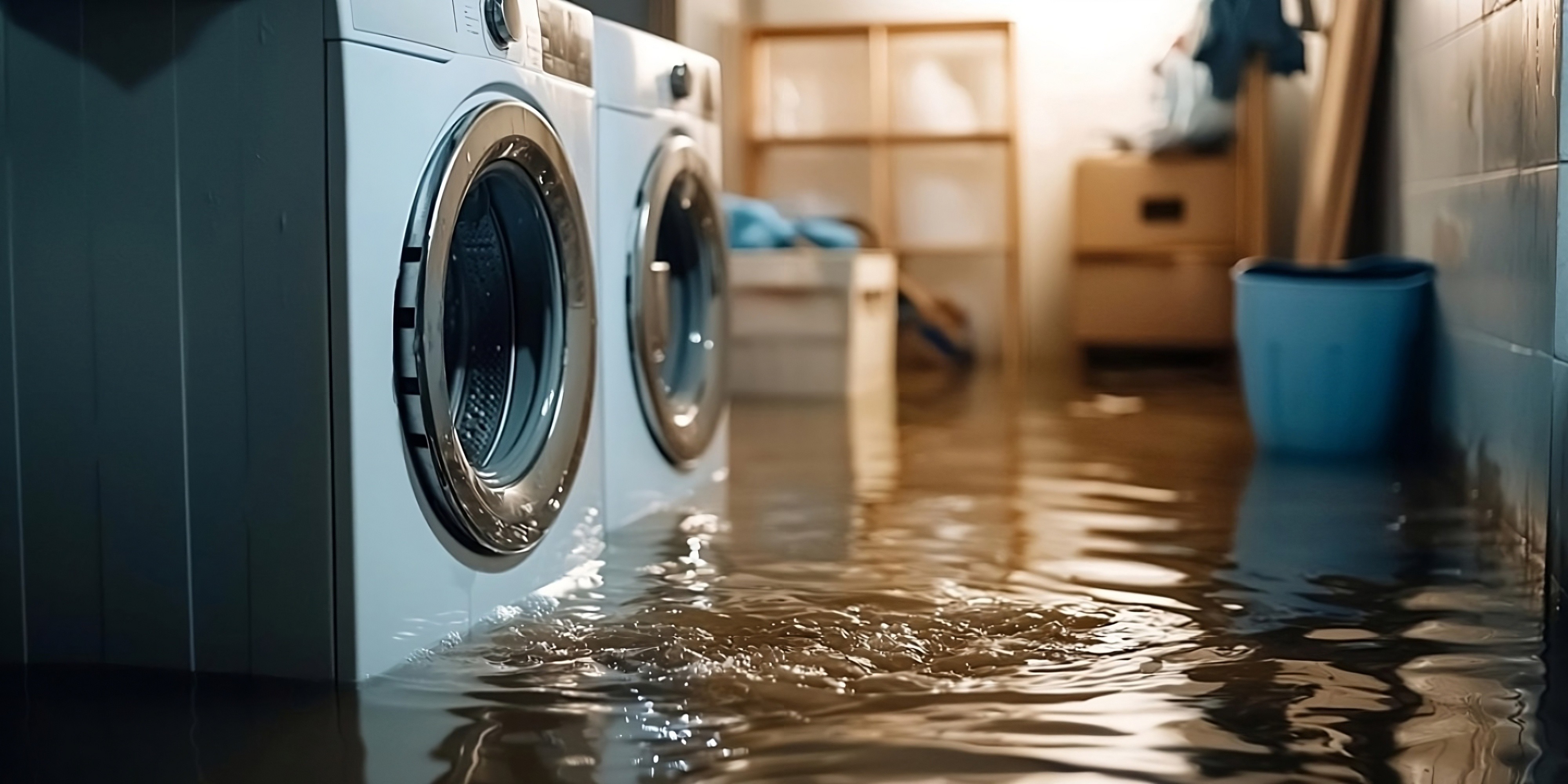 Basement flooding in St. Louis home with standing water around washer and dryer – water damage restoration by Absolutes Restoration