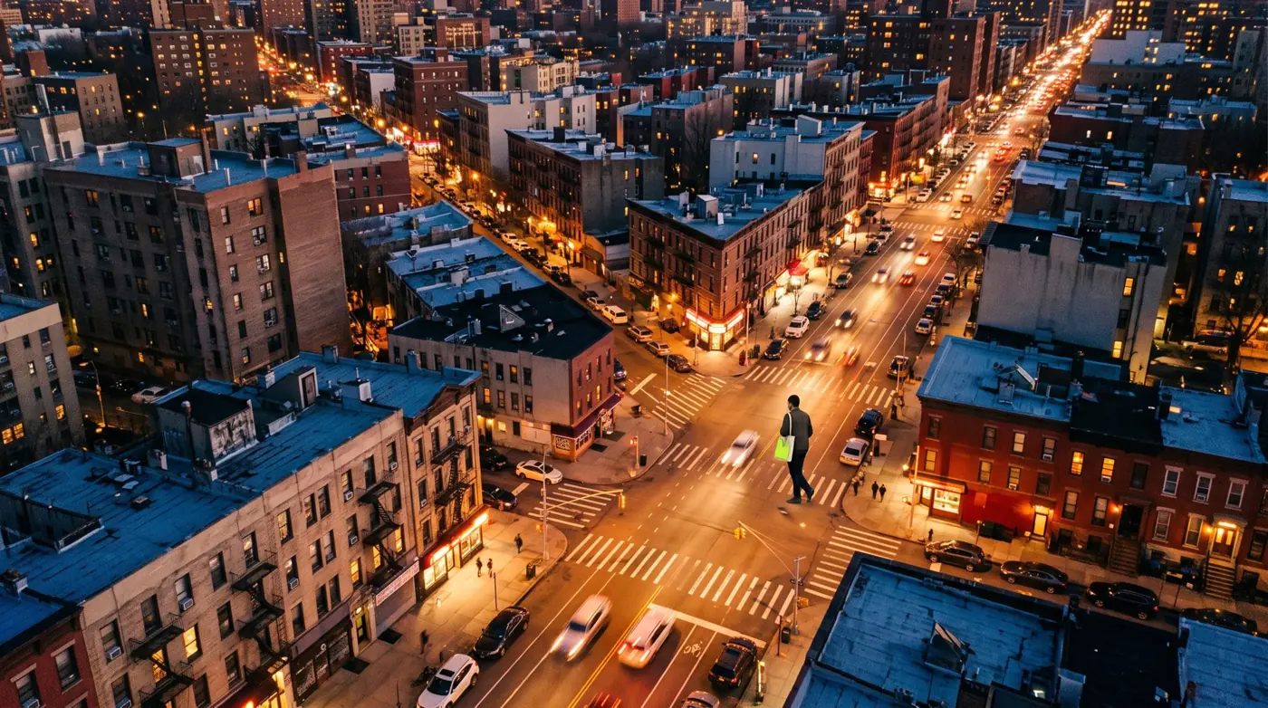 A long avenue lit orange between apartment blocks, seen from above