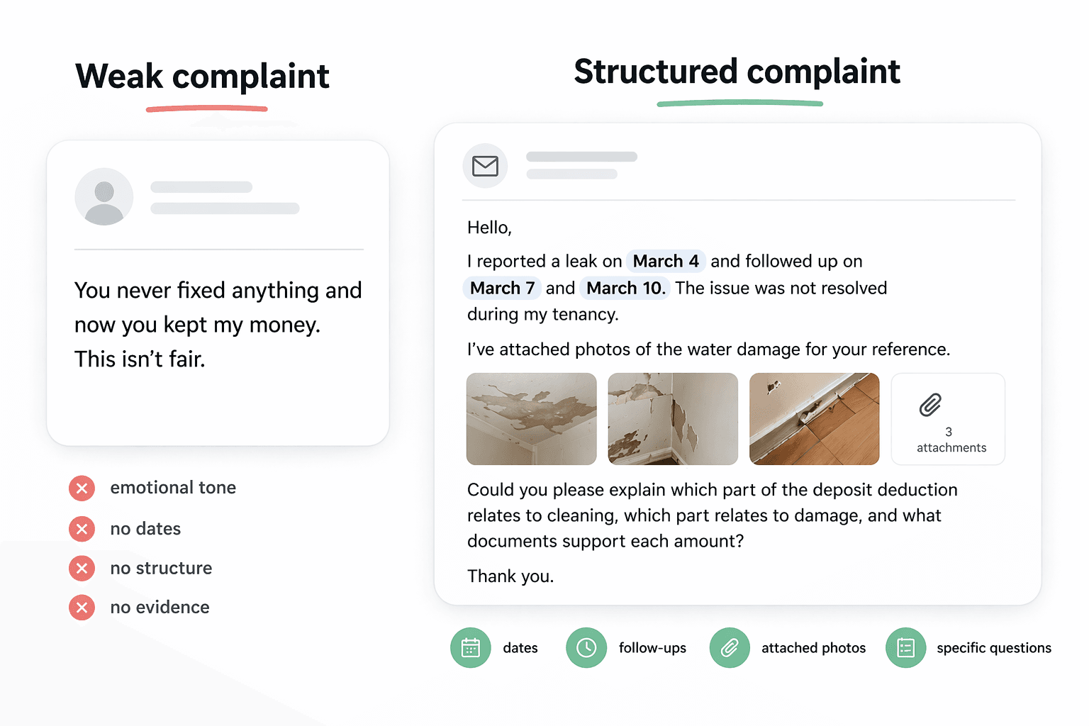Side-by-side comparison of a weak complaint and a structured complaint with dates, follow-ups, and photo evidence.