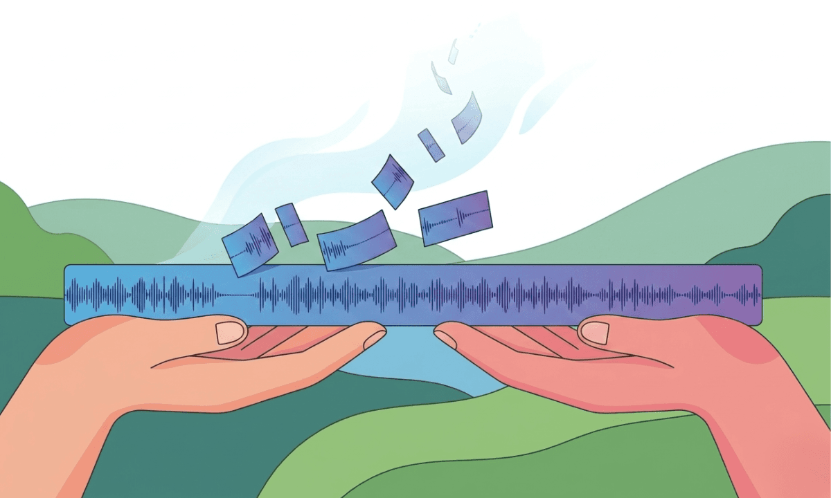 Flat illustration of two hands holding a video timeline with silence gaps being automatically removed, representing AI silence removal in DaVinci Resolve.