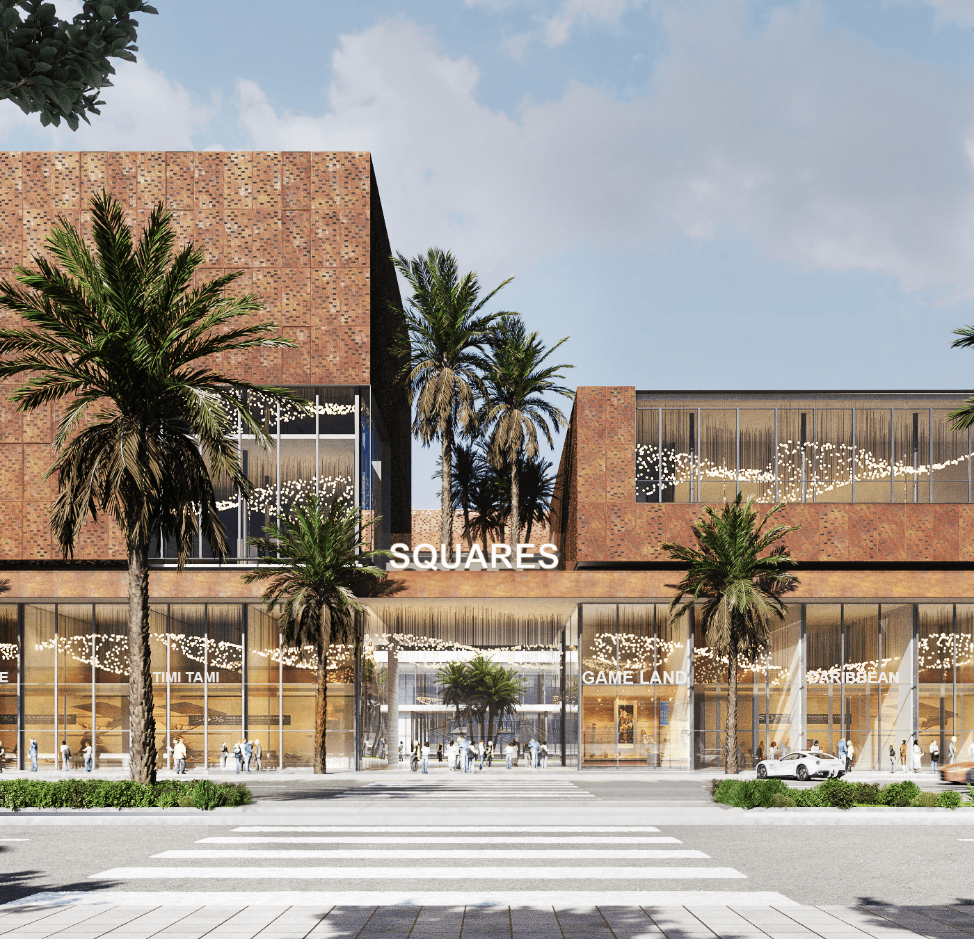 Architectural and interior design concept for Al Sahil Mall in Al Khobar, featuring a multi-story modern facade with distinct rust-toned panels, extensive glass storefronts, and a grand central entrance framed by palm trees.