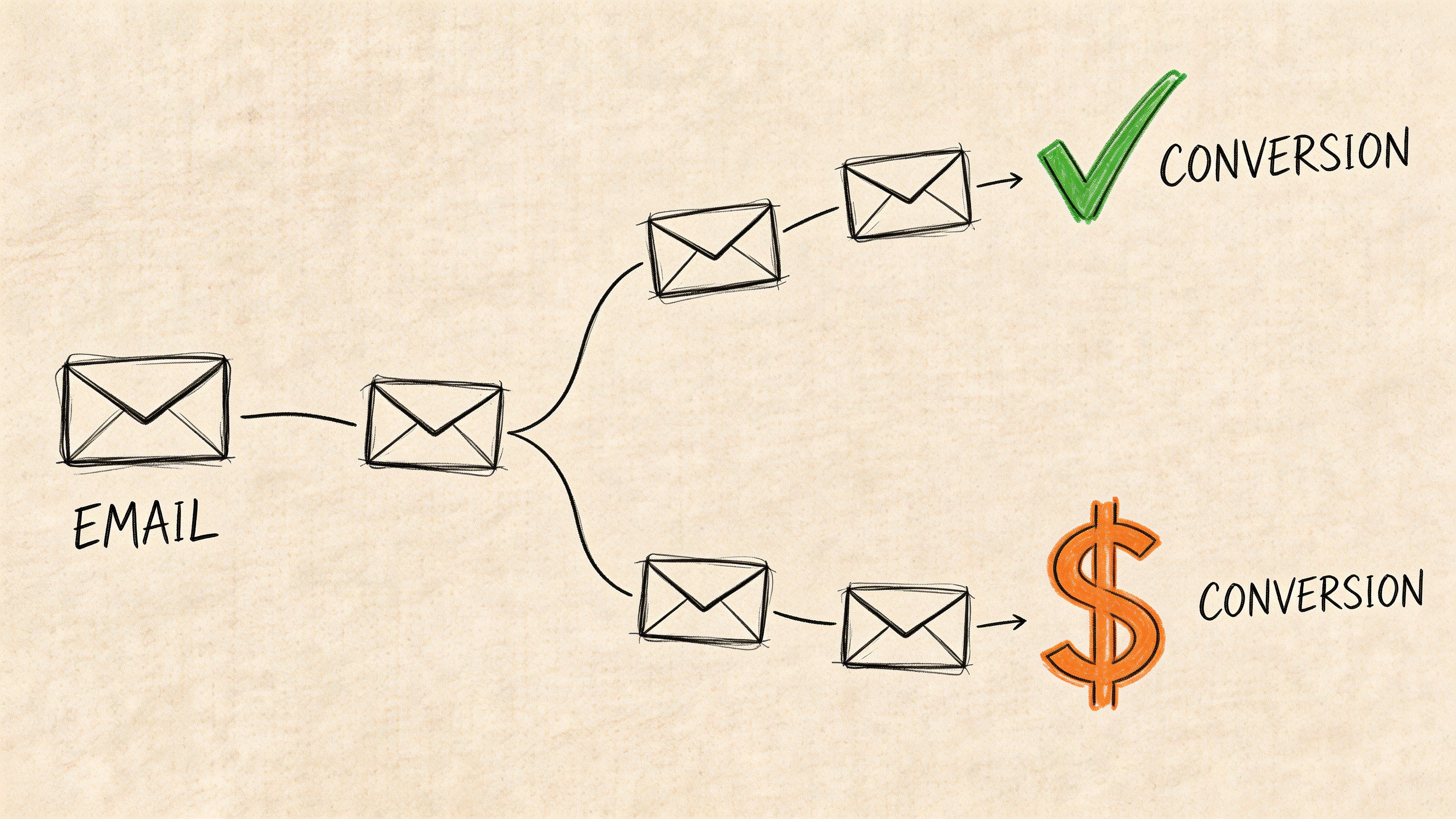 A hand-drawn sketch showing an email marketing workflow splitting into two paths for conversion and sales.