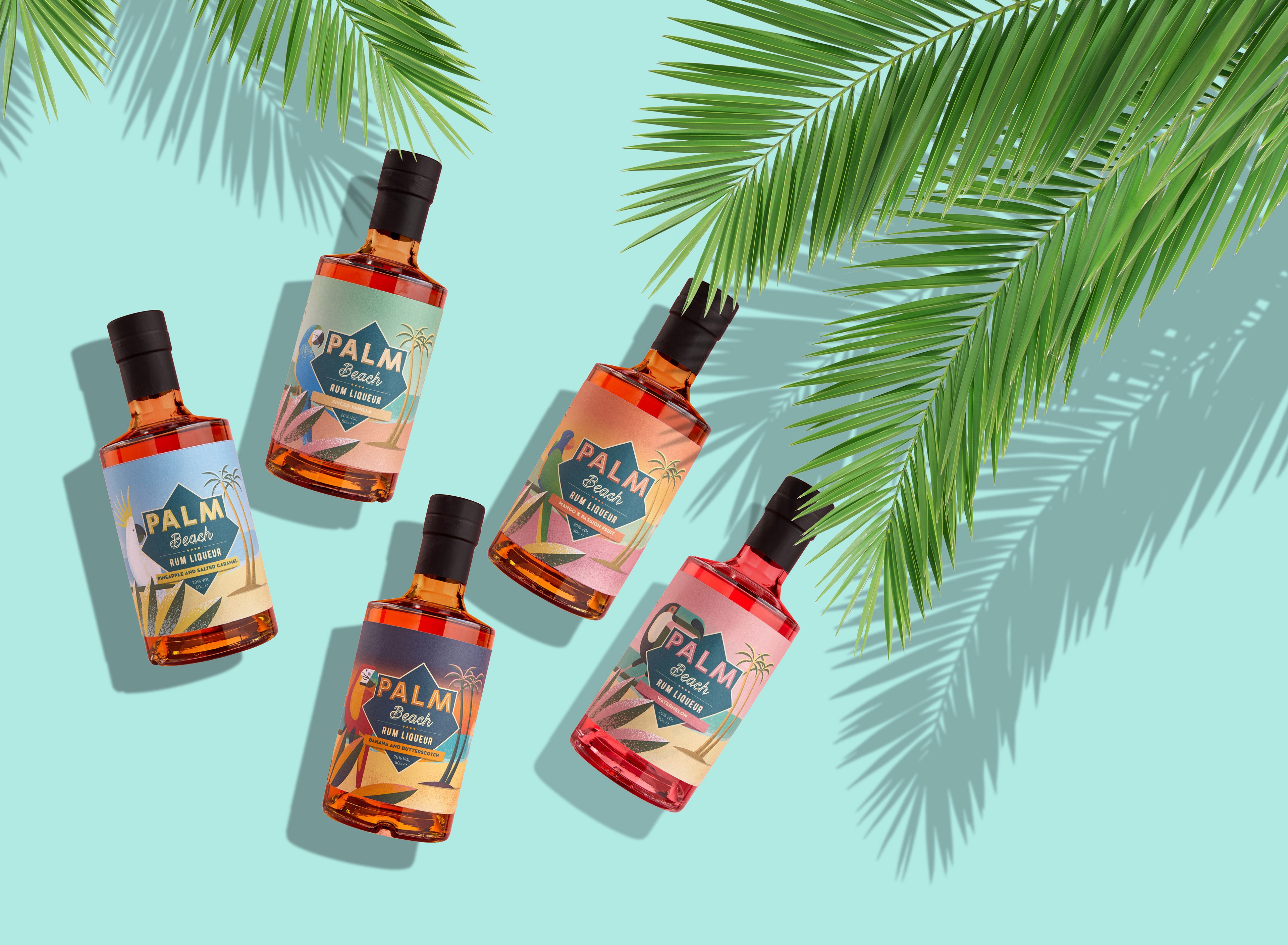 Palm Beach project detail: Brand identity and art direction for Palm Beach Rum Liqueur, developed alongside an illustrator to create a distinctive tropical-insp