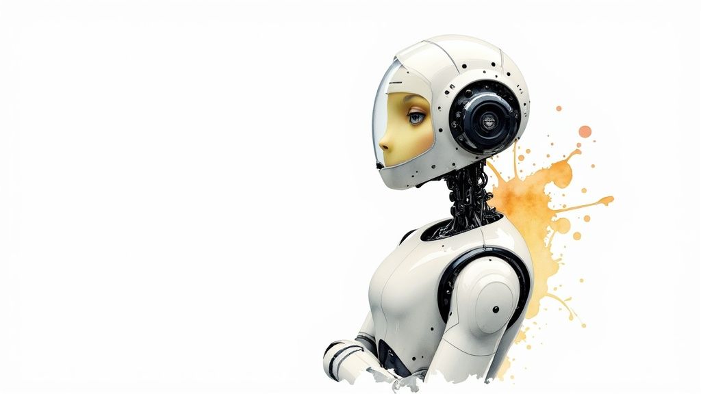 Robot humanoïde futuriste avec visage féminin et éclaboussures artistiques orange sur fond blanc