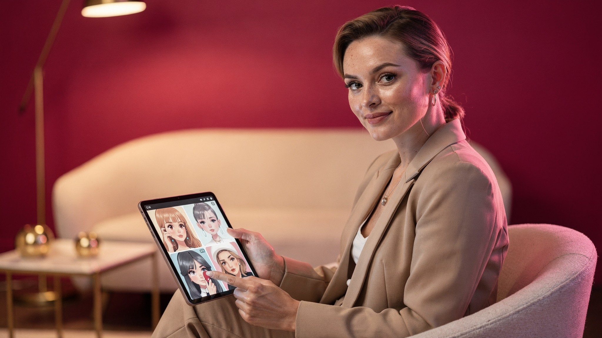 Creator reviewing AI-generated character portraits on a tablet