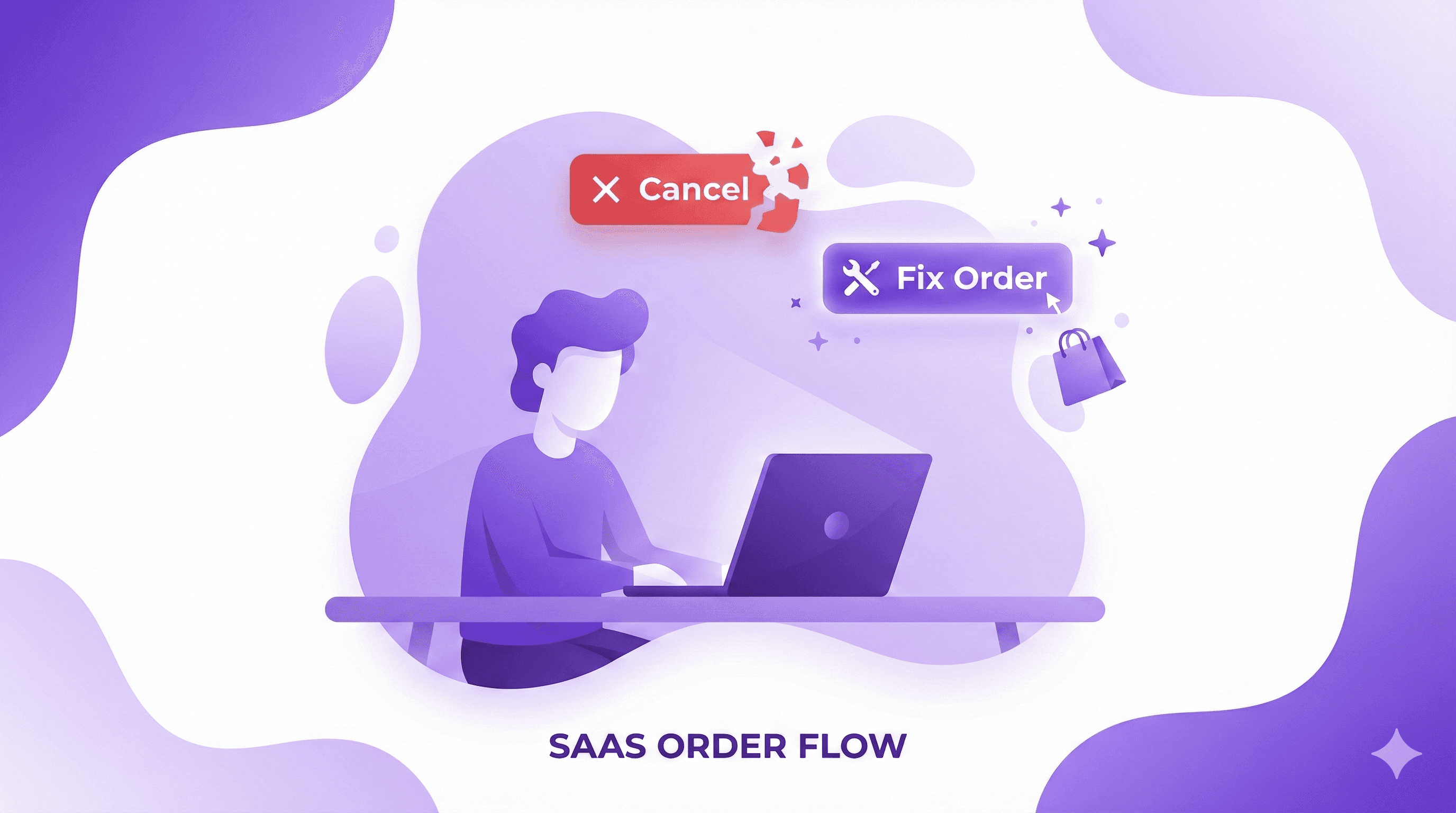 A flat vector SaaS illustration with a purple and white color palette. A person with purple hair sits at a desk using a laptop. Above them, a red "Cancel" button icon with an "X" is breaking apart, while a glowing purple "Fix Order" button icon with a wrench and a shopping bag is intact. The text "SAAS ORDER FLOW" is at the bottom.