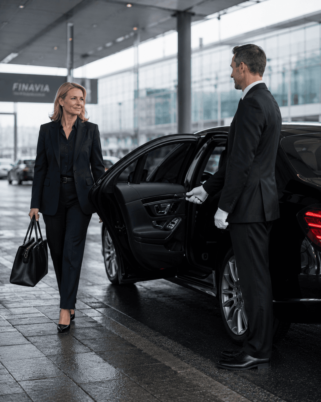 Executive chauffeur in a black suit holding the rear door open for a businesswoman beside a black Mercedes in Helsinki