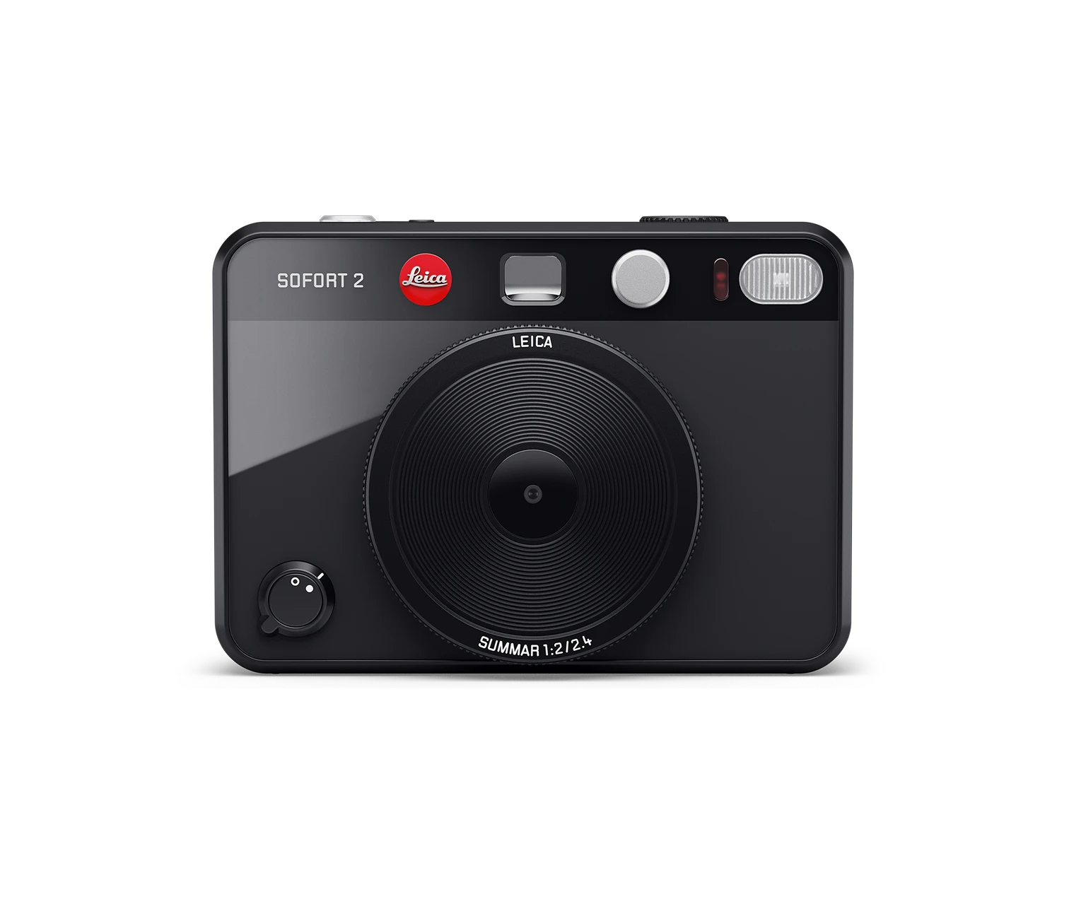 Leica Sofort 2 instant camera in black, shown from the front with a central lens, red Leica logo and flash.