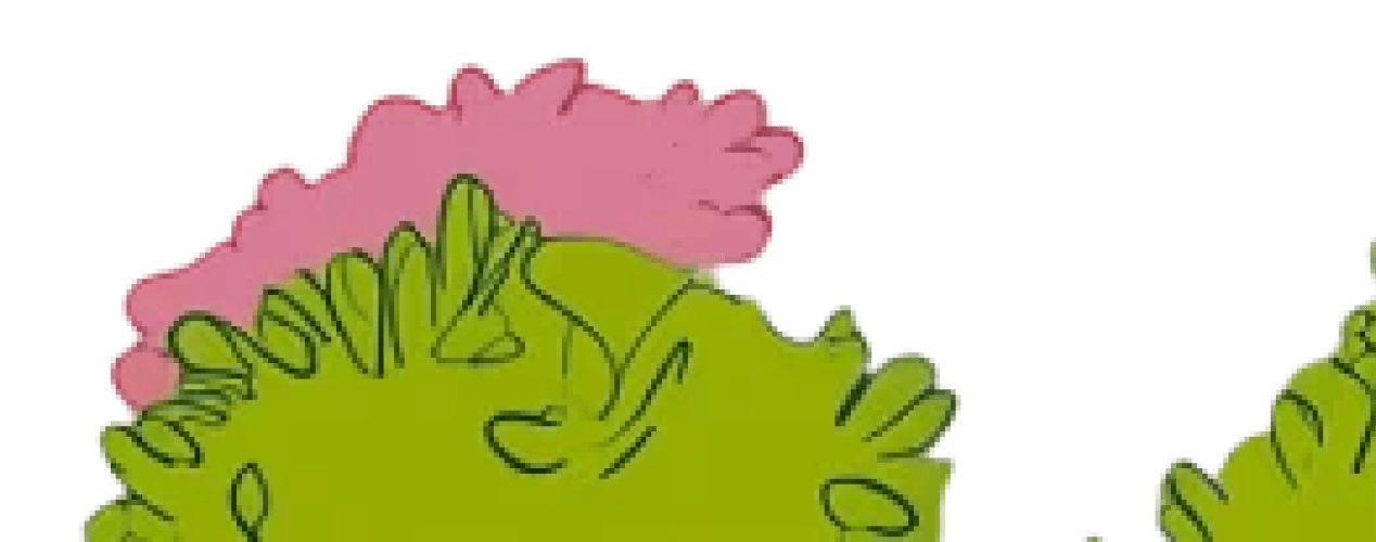 Stylized green bush with pink bloom.