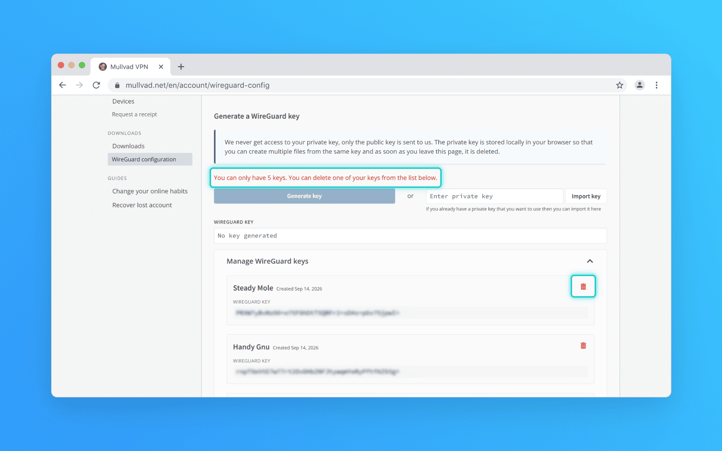 Блок Generate a WireGuard key. Здесь кнопка Generate key заблокирована — лимит в 5 ключей исчерпан. Manage WireGuard keys: имя ключа, дата создания и кнопка корзины для удаления