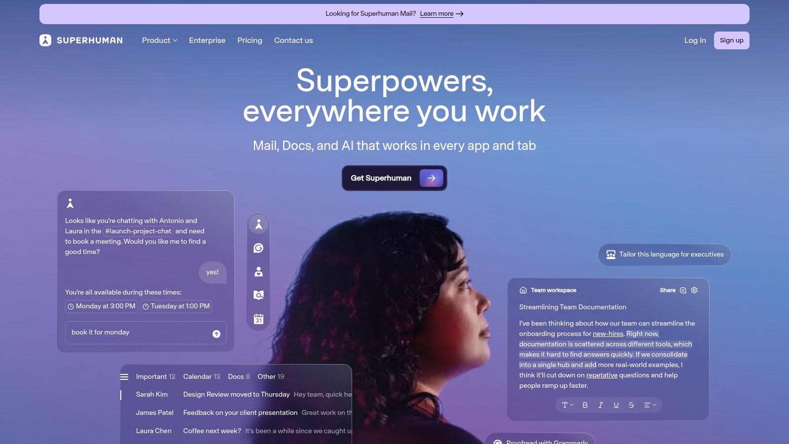 An AI writing assistant from Superhuman suggests improvements to a user's text.