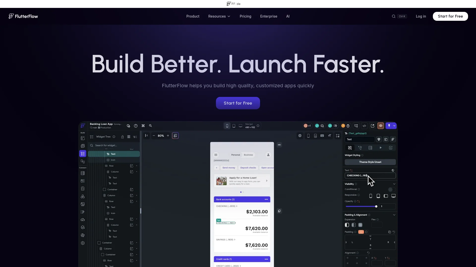 FlutterFlow visual native app builder homepage