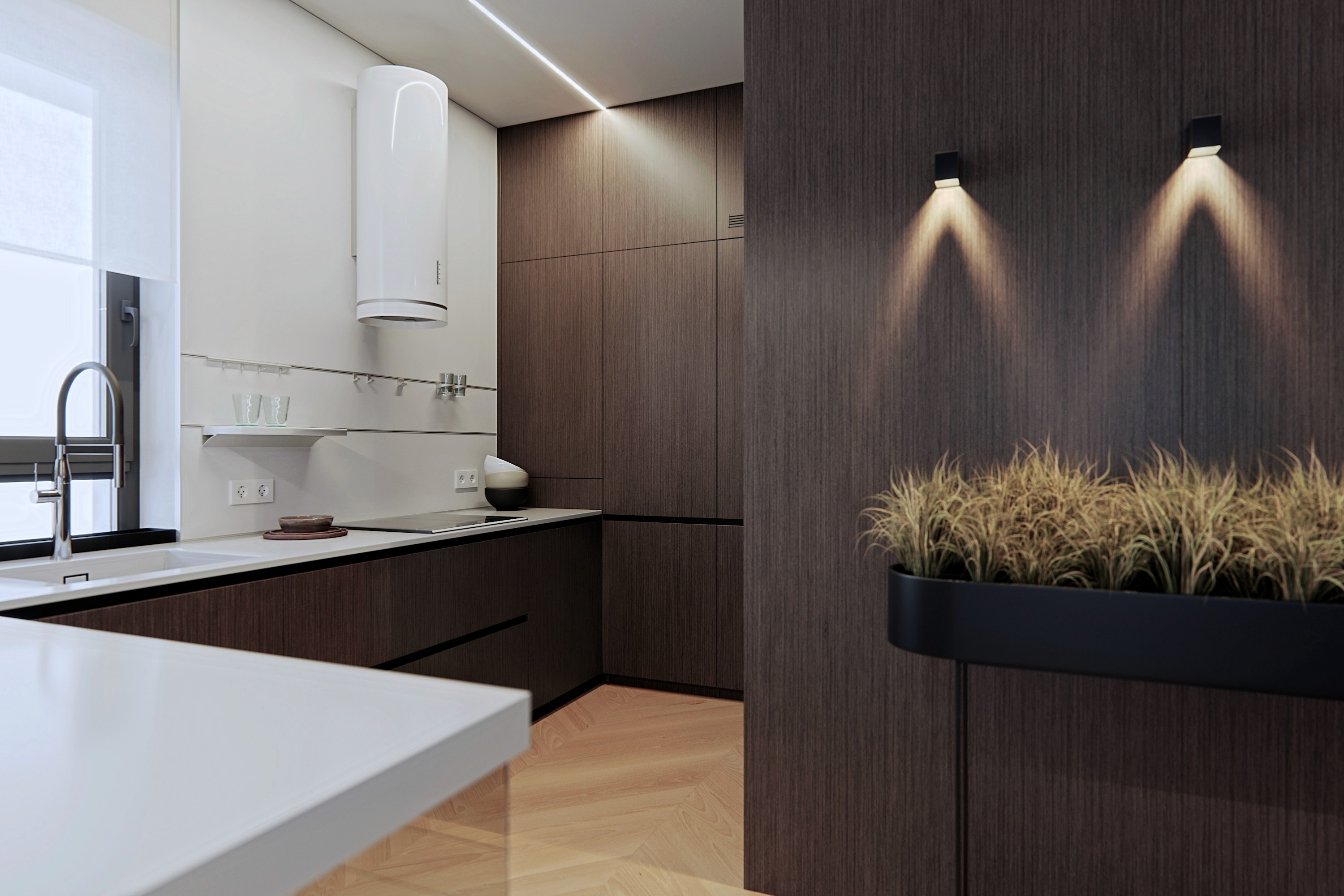 Minimalist kitchen in Compact Apartment, Panorama Zana Lublin, with dark cabinetry and white island