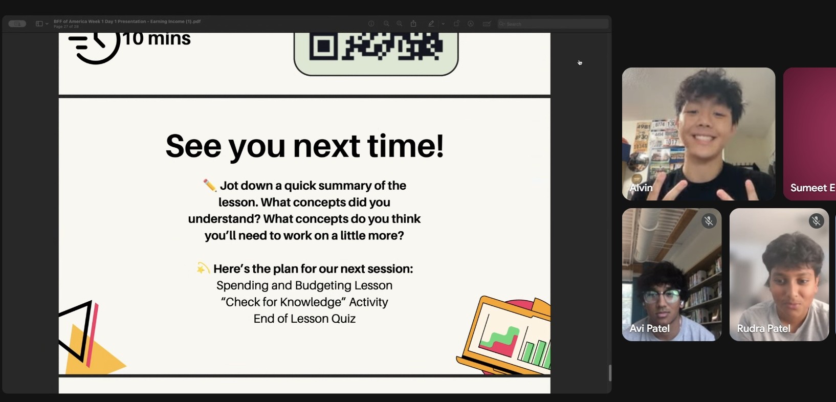 An online BFF Academy session displays a lesson recap alongside participants.
