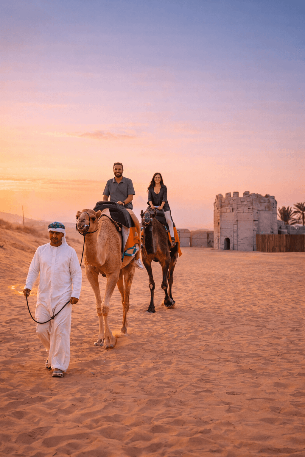 Couple enjoying a camel ride guided by a local handler at a desert camp during a Dune Quest Tours desert safari in Dubai
