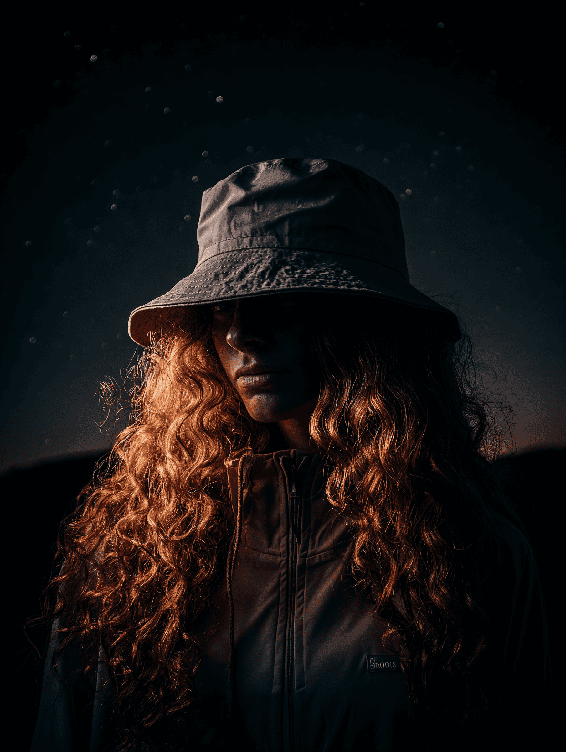 Portrait of a person with curly hair wearing a jacket, facing away into a dark landscape