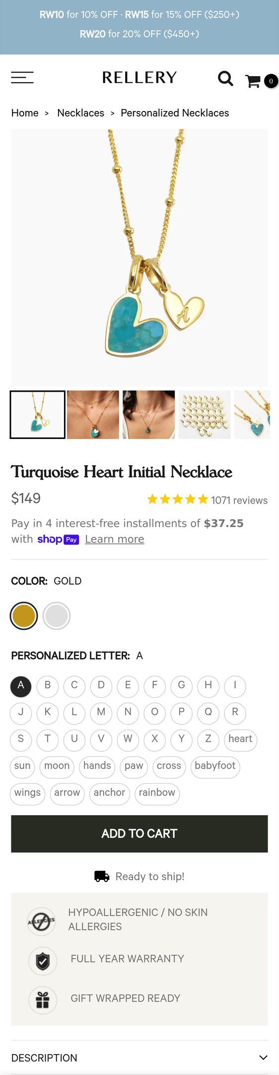 Jewelry product options include: necklace, bracelet, pendant, chain for Turquoise Heart Initial Necklace from Rellery.