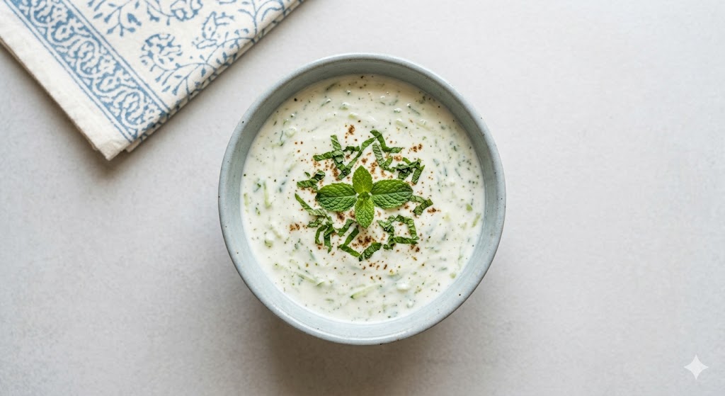 A top-down view of a bowl of creamy cucumber raita, an Indian yogurt dip, garnished with fresh mint leaves and spices, served next to a blue-patterned napkin.