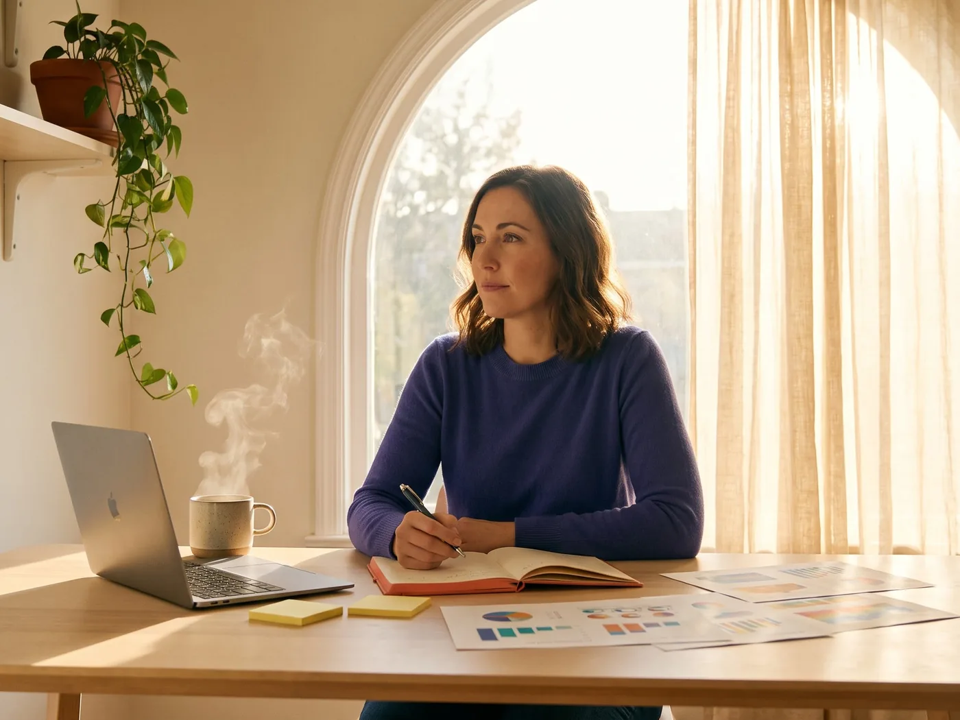A woman writing at a sunlit desk
